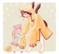 Rule 34 | 1boy, 1girl, ?, ??, animal ears, animal hood, arc system works, backpack, bag, blazblue, blush, cat, cat ears, cat hood, cat tail, child, eyepatch, family, father and daughter, hat, hood, jubei (blazblue), kokonoe (blazblue), long hair, multiple tails, nunun, open mouth, pink hair, red eyes, tail, yellow eyes, aged down