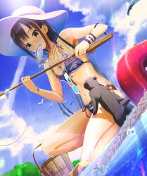 Rule 34 | 1girl, aiuabo, animal, bikini, black cat, black eyes, black hair, breasts, cat, day, fish in mouth, fishing rod, hat, highres, holding, holding fishing rod, long hair, mouth hold, original, outdoors, small breasts, sunglasses, swimsuit