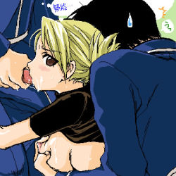 Rule 34 | 1girl, 2boys, blush, grabbing another&#039;s breast, breasts, clothed sex, fellatio, fullmetal alchemist, grabbing, groping, group sex, lowres, military, military uniform, multiple boys, nipples, oral, riza hawkeye, roy mustang, sex, text focus, uniform