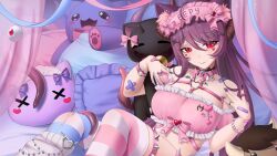 Rule 34 | 1girl, ahoge, animal collar, animal ear fluff, animal ears, bandaid, bandaid on arm, bandaid on hand, bandaid on shoulder, bead bracelet, beads, black choker, black nails, blue thighhighs, bow, bracelet, cat ears, choker, closed mouth, collar, cotton noir, cotton noir (vtuber), demon horns, facial mark, hair ornament, heart, heart facial mark, heart hair ornament, heart o-ring, highres, horns, indie virtual youtuber, jewelry, loose socks, mask, mask on head, multicolored nails, o-ring, pillow, pink bow, pink collar, pink thighhighs, purple hair, purple nails, red eyes, sleep mask, socks, solo, spiked thighlet, striped clothes, striped thighhighs, stuffed toy, tentacles, thighhighs, virtual youtuber, white socks, white thighhighs