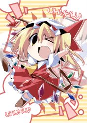 Rule 34 | 1girl, absurdres, ascot, bibi02, blonde hair, chibi, dress, embodiment of scarlet devil, fang, female focus, flandre scarlet, hat, highres, one eye closed, open mouth, short hair, side ponytail, smile, solo, touhou, wings, wink