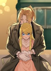 Rule 34 | 1boy, 1girl, ahoge, blonde hair, blue eyes, blurry, blush, bokeh, brown hair, closed eyes, coat, covered mouth, cowboy shot, day, depth of field, dress, earrings, edward elric, fullmetal alchemist, gloves, height difference, hetero, highres, hug, hug from behind, jewelry, korean commentary, long hair, long sleeves, looking at viewer, parted bangs, pinafore dress, ponytail, shared clothes, shared coat, sidelocks, sleeveless, sleeveless dress, surprised, swept bangs, tosisulsa, train, turtleneck, white gloves, winry rockbell, yellow eyes