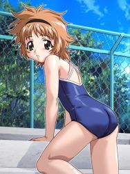 Rule 34 | 00s, 1girl, ass, blue one-piece swimsuit, blurry, brown eyes, brown hair, chain-link fence, competition school swimsuit, d-ten, day, depth of field, fence, from side, halterneck, on one knee, one-piece swimsuit, onegai twins, outdoors, pool, poolside, school swimsuit, shidou haruko, short hair, solo, swimsuit