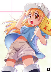 Rule 34 | 10s, 1girl, brown eyes, brown hair, cameltoe, child, clothes lift, female focus, flag, from below, hat, hataraku saibou, holding, holding flag, long hair, looking at viewer, looking down, navel, open mouth, platelet (hataraku saibou), shirt, shirt lift, shorts, solo, teng zhai zi, white hat