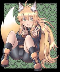 Rule 34 | 1girl, :d, ahoge, animal ear fluff, animal ears, ass, bike shorts, blonde hair, boots, commentary, commentary request, crotch, double v, fox ears, fox tail, gradient eyes, green eyes, highres, jacket, koshirae tsurugi (m.m), long hair, looking at viewer, m.m, multicolored eyes, open mouth, original, ponytail, simple background, smile, socks, solo, tail, track jacket, v, zipper pull tab