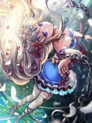 Rule 34 | 1girl, arched back, bare shoulders, blonde hair, blue dress, blue eyes, chain, cuffs, dragon tactics, dress, feathers, floating hair, flower, gem, hair flower, hair ornament, handcuffs, jewelry, lace, lace-trimmed legwear, lace trim, necklace, no shoes, saya (mychristian2), short dress, solo, thighhighs, tiara, white thighhighs, zettai ryouiki