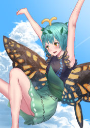 Rule 34 | 1girl, :d, antennae, aqua hair, armpits, arms up, bare arms, blue sky, butterfly wings, cloud, day, dress, eternity larva, fairy, flying, hair ornament, highres, insect wings, leaf, leaf hair ornament, leg up, open mouth, orange eyes, outdoors, roke (taikodon), short hair, sky, smile, solo, touhou, wings