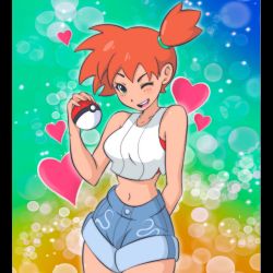 Rule 34 | 1girl, artist request, asymmetrical hair, blush, breasts, creatures (company), denim, denim shorts, game freak, green eyes, gym leader, highres, holding, holding poke ball, legs, looking at viewer, misty (pokemon), navel, nintendo, one eye closed, orange hair, poke ball, pokemon, pokemon lgpe, ponytail, shirt, short hair, short shorts, shorts, side ponytail, smile, tongue, tongue out, white shirt, wink