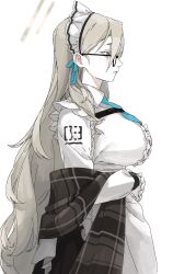 Rule 34 | 1girl, akane (blue archive), apron, aqua necktie, black-framed eyewear, blue archive, breasts, center frills, frills, glasses, gloves, grey hair, halo, highres, kawatiw, large breasts, long hair, looking afar, maid, maid headdress, necktie, number print, own hands together, plaid shawl, profile, shawl, simple background, solo, very long hair, white apron, white background, white gloves