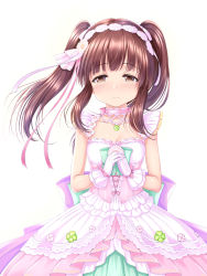 Rule 34 | 1girl, blush, breasts, brown eyes, brown hair, choker, cleavage, closed mouth, collarbone, commentary request, dress, flower, gloves, hair flower, hair ornament, hair ribbon, hairband, half-closed eyes, highres, idolmaster, idolmaster cinderella girls, long hair, ogata chieri, own hands together, pink choker, pink dress, pink hairband, pink ribbon, purple gloves, ribbon, sidelocks, simple background, small breasts, smile, solo, strapless, strapless dress, twintails, u2 (5798239), white background, white flower