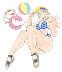 Rule 34 | 1girl, ball, beachball, blonde hair, blue eyes, breasts, closed mouth, fina (ffbe), final fantasy, final fantasy brave exvius, full body, hat, highres, innertube, looking at viewer, medium breasts, moogle, sandals, short hair, simple background, smile, swim ring, swimsuit, toshinoshin, white background