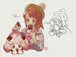 Rule 34 | 1girl, :3, alcremie, blush, bob cut, brown eyes, brown hair, buttons, cable knit, candy, cardigan, chocolate, chocolate bar, closed mouth, collared dress, commentary request, creature as food, creatures (company), dated, dress, eating, eyelashes, food, game freak, gen 8 pokemon, gloria (pokemon), green headwear, grey cardigan, hands up, hat, holding, hooded cardigan, licking, mouth hold, nintendo, partially colored, pink dress, pokemon, pokemon (creature), pokemon swsh, short hair, smile, stj pkmn, tam o&#039; shanter, white background