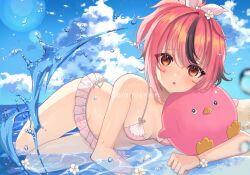 Rule 34 | 1girl, bikini, bikini skirt, bird, black hair, blush, bow, bracelet, breasts, brown eyes, commission, day, flower, hair bow, indie virtual youtuber, jewelry, looking at viewer, lvetica, lying, multicolored hair, ocean, on side, open mouth, penguin, pink hair, ponytail, shiratori momo, sky, small breasts, solo, streaked hair, swimsuit, thigh gap, two-tone hair, virtual youtuber, water, water drop, watermark