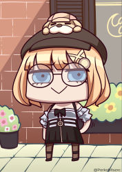 Rule 34 | 1girl, absurdres, animal, animal on head, black hat, blonde hair, blue eyes, bubba (watson amelia), chibi, full body, glasses, hair ornament, hat, highres, hololive, hololive english, looking at viewer, official alternate costume, on head, porko, riyo (lyomsnpmp) (style), solo, virtual youtuber, watson amelia, watson amelia (street casual)
