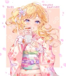 Rule 34 | 1girl, 2021, alternate costume, blonde hair, blue eyes, blush, border, bow, braid, commentary request, floating hair, floral print, flower, frills, hair bow, hair flower, hair ornament, hands up, highres, holding, holding paper, idolmaster, idolmaster cinderella girls, idolmaster cinderella girls starlight stage, japanese clothes, kimono, kina (446964), long hair, long sleeves, looking at viewer, obi, ohtsuki yui, paper, petals, pink kimono, print kimono, sash, smile, solo, striped, ticket, translation request, upper body, wavy hair, white border, wide sleeves, wrist cuffs