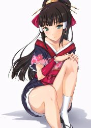 Rule 34 | 1girl, ahharahhar, arm warmers, bad id, bad twitter id, black footwear, black hair, blush, collarbone, floral print, frilled sleeves, frills, green eyes, hair ornament, hair stick, hair tubes, hands on own knee, highres, japanese clothes, kimono, knee up, kurosawa dia, long hair, looking at viewer, love live!, love live! sunshine!!, mole, mole under mouth, my mai tonight, obi, sandals, sash, short sleeves, sitting, smile, socks, solo, white background, white socks