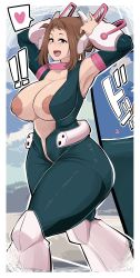 Rule 34 | !, !!, 1girl, absurdres, armpits, black bodysuit, blush, bodysuit, boku no hero academia, boots, breasts, breasts out, brown eyes, brown hair, collarbone, comicom-ryu, curvy, heart, highres, huge breasts, looking at viewer, nipples, no bra, open mouth, puffy areolae, puffy nipples, short hair, smile, solo, spoken heart, thick thighs, thighs, uraraka ochako, walking, wide hips
