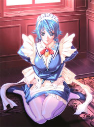 Rule 34 | 1girl, breasts, brooch, ikinari happy bell, indoors, jewelry, juliet sleeves, lace, lace-trimmed legwear, lace trim, large breasts, long sleeves, looking at viewer, maid, maid headdress, mary janes, official art, panties, panty peek, pink thighhighs, puffy sleeves, saginomiya shiiko, shiny clothes, shoes, sitting, skirt, sleeve cuffs, smile, solo, thighhighs, underwear, wariza, yokota mamoru