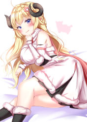 Rule 34 | 1girl, ahoge, animal ears, black footwear, blonde hair, blush, breasts, detached sleeves, dress, fur trim, hair ornament, hairclip, hand on own chin, highres, hololive, horns, large breasts, legs together, long hair, long sleeves, looking at viewer, lying, on side, open mouth, purple eyes, sheep girl, sheep horns, sheep print, simple background, smile, solo, thighs, tsunomaki watame, tsunomaki watame (1st costume), virtual youtuber, white background, white dress, yuano