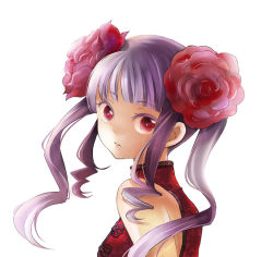 Rule 34 | 1girl, bare shoulders, blunt bangs, china dress, chinese clothes, dress, drill hair, flower, hair flower, hair ornament, looking back, manami (artist), original, pink hair, portrait, red eyes, sidelocks, simple background, solo, sugano manami, twintails, upper body, vaayunto yuuki