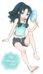 Rule 34 | 10s, 1girl, bare legs, bare shoulders, barefoot, blue eyes, blue hair, blush, dated, english text, fanning, feet, full body, hair up, hand fan, heartcatch precure!, hot, kurumi erika, matching hair/eyes, minatsuki randoseru, open clothes, open mouth, open shorts, panties, paper fan, ponytail, precure, shorts, simple background, sitting, solo, striped clothes, striped panties, sweat, uchiwa, unbuttoned, underwear, white background