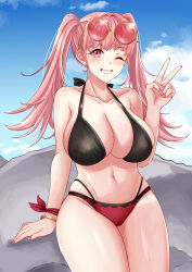 Rule 34 | 1girl, absurdres, alternate breast size, alternate costume, bikini, black bikini, blue sky, bracelet, breasts, cleavage, cloud, commentary, english commentary, eyewear on head, female focus, fingernails, fire emblem, fire emblem: three houses, fire emblem heroes, grin, highres, hilda valentine goneril, jewelry, large breasts, long hair, matching hair/eyes, multi-strapped bikini, navel, nintendo, official alternate costume, one eye closed, pink eyes, pink hair, pink nails, rock, rynn (darknescorez), sitting, sitting on rock, sky, smile, solo, swimsuit, thighs, twintails, v, wink