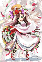 Rule 34 | 1girl, :d, blush stickers, brown hair, dress, flower, green eyes, headdress, highres, holding, holding sword, holding weapon, japanese clothes, kushinada (p&amp;d), leaf, long hair, long sleeves, open mouth, outline, petals, pigeon-toed, pikomarie, puzzle &amp; dragons, ribbon, smile, socks, solo, sparkle, standing, sword, tabi, tiptoes, weapon, white dress, wide sleeves, zoom layer