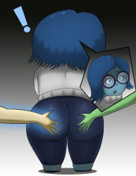 Rule 34 | !, 3girls, ass, ass grab, blue eyes, blue hair, blue skin, colored skin, deep skin, disgust (inside out), disney, from behind, glass, green skin, highres, huge ass, inside out, joy (inside out), multiple girls, oddmachine, open mouth, pixar, sadness (inside out), shiny clothes, short hair, yuri
