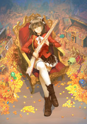 Rule 34 | 10s, 1girl, ahoge, aiguillette, amagi brilliant park, bad id, bad pixiv id, boots, bow, brown hair, chair, cross-laced footwear, crossed legs, gun, hair bow, jewelry, long hair, long sleeves, madcocoon, musket, ponytail, red upholstery, ribbon, sento isuzu, shirt, sitting, skirt, skull, smile, solo, thighhighs, treasure, treasure chest, very long hair, weapon, white thighhighs, yellow eyes, zettai ryouiki, zhen lou zuo wu shuang