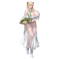 Rule 34 | 1girl, animal ears, areola slip, basket, bear ears, bear girl, blonde hair, blue eyes, braid, breastless clothes, breasts, budget sarashi, cameltoe, check clothing, chest sarashi, cleavage, closed mouth, collarbone, covered erect nipples, extra ears, food, frigga (last origin), fundoshi, garlic, gigantic breasts, hair between eyes, hanbok, highres, holding, holding basket, huge breasts, japanese clothes, kimono, korean clothes, last origin, lips, looking at viewer, mole, mole under mouth, official alternate costume, official art, pointy footwear, puffy nipples, sarashi, simple background, skindentation, smile, solo, standing, tachi-e, third-party source, tiptoes, transparent background, twin braids, u-rix, vegetable, wet, white footwear, white kimono