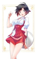 Rule 34 | 1girl, :d, ahoge, alternate costume, apron, arm behind back, black hair, blush, breasts, frilled shirt, frills, grey eyes, hand up, highres, holding, holding tray, iesupa, medium breasts, miniskirt, multicolored hair, open mouth, puffy short sleeves, puffy sleeves, red apron, red hair, red skirt, ruby rose, rwby, shirt, short hair, short sleeves, skirt, smile, solo, thighs, tray, two-tone hair, waitress, white shirt