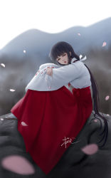 Rule 34 | 1girl, absurdres, black hair, blurry, blurry background, brown eyes, hakama, hakama skirt, highres, inuyasha, japanese clothes, jewelry, kikyou (inuyasha), lips, long hair, looking at viewer, miko, mountainous horizon, necklace, outdoors, petals, ponytail, red hakama, signature, sitting, skirt, solo, very long hair, zyl