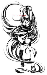 Rule 34 | 10s, 1girl, absurdly long hair, abyssal ship, arms behind head, arms up, battleship princess, black dress, breasts, cleavage, dress, full body, glowing, glowing eye, greyscale, hair over one eye, horns, kantai collection, leg up, legband, long hair, looking at viewer, mary janes, monochrome, red eyes, shoes, short dress, simple background, smile, solo, spot color, squemezzo, very long hair, white background