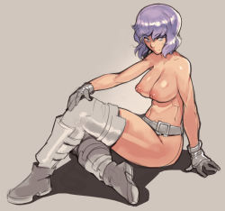 Rule 34 | 1girl, absurdres, ankle boots, belt, boots, breasts, full body, ghost in the shell, gloves, highres, kusanagi motoko, large breasts, nipples, norasuko, puffy nipples, purple eyes, purple hair, screentones, short hair, sitting, sketch, solo, thighhighs, thighs, topless