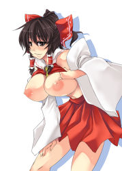 Rule 34 | 1girl, bad id, bad pixiv id, bare shoulders, breasts, breasts out, brown eyes, brown hair, clothes lift, detached sleeves, dress, female focus, hair intakes, hair ribbon, hakurei reimu, huge breasts, large areolae, leaning forward, nipples, no bra, ribbon, shirt, shirt lift, short hair, simple background, skirt, solo, standing, toono yayoi, touhou