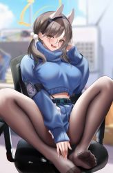 Rule 34 | 1girl, animal ears, blue archive, blush, chair, fake animal ears, feet, glasses, highres, long hair, looking at viewer, low twintails, moe (blue archive), open mouth, pantyhose, soles, sweater, toes, turtleneck, twintails, yellow eyes