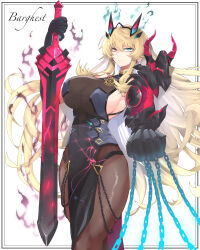 Rule 34 | 1girl, barghest (fate), barghest (second ascension) (fate), black dress, blonde hair, breasts, brown pantyhose, chain, character name, dress, fate/grand order, fate (series), gauntlets, green eyes, hazuki-a, heterochromia, highres, holding, holding sword, holding weapon, large breasts, long hair, pantyhose, red eyes, single gauntlet, sword, weapon