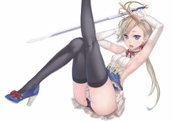Rule 34 | 1girl, armpits, arms up, black panties, black thighhighs, blonde hair, blue eyes, breasts, detached sleeves, high heels, kneepits, leg up, legs, long hair, long legs, open mouth, original, panties, pantyshot, ray-akila, simple background, skirt, small breasts, solo, sword, thighhighs, thighs, underwear, upskirt, weapon, white background