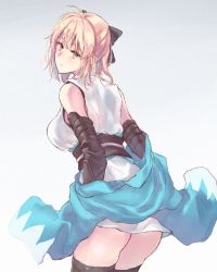 Rule 34 | 1girl, ahoge, bare shoulders, black bow, black sash, black sleeves, black thighhighs, blonde hair, blue scarf, blush, bow, breasts, closed mouth, commentary request, detached sleeves, fate/grand order, fate (series), from behind, grey background, hair between eyes, hair bow, hair ornament, holding, holding clothes, holding scarf, japanese clothes, kimono, looking at viewer, looking back, medium hair, okita souji (fate), okita souji (koha-ace), sash, sawaya (mizukazu), scarf, unworn scarf, simple background, solo, thighhighs, yellow eyes