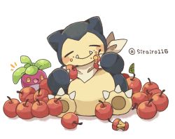 Rule 34 | animal focus, apple, apple core, artist name, bandana, blank eyes, blush, blush stickers, bounsweet, claws, closed mouth, clothed pokemon, creatures (company), crumbs, eating, fangs, fangs out, food, food bite, food on face, fruit, full body, game freak, gen 1 pokemon, gen 7 pokemon, hands up, happy, head tilt, holding apple, leaf, looking at another, nintendo, no humans, notice lines, open mouth, pawpads, pokemon, pokemon (creature), shira (sirairo116), signature, simple background, sitting, smile, snorlax, solo focus, straight-on, twitter username, white background, white bandana, yellow eyes