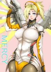 Rule 34 | 1girl, blonde hair, blue eyes, breasts, character name, cowboy shot, curvy, gggg, halo, highres, large breasts, lips, looking at viewer, mechanical halo, mechanical wings, mercy (overwatch), overwatch, overwatch 1, pantyhose, parted lips, pink background, resolution mismatch, short hair, simple background, smile, solo, source larger, staff, wide hips, wings