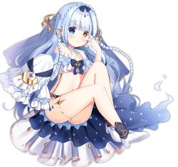 Rule 34 | 1girl, ark order, blue bow, blue eyes, blue hair, blue skirt, bow, bracelet, braid, crop top, crown braid, diadem, frilled sleeves, frills, gold, heterochromia, ikataruto, jewelry, long hair, official art, shoes, single sleeve, skirt, sleeves past fingers, sleeves past wrists, solo, sparkling eyes, tachi-e, thighlet, transparent background, twin braids, v, v over eye, varuna (ark order), veil, very long hair, water, white footwear, yellow eyes