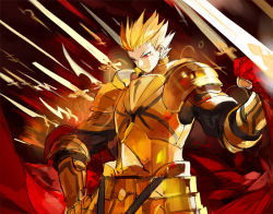 Rule 34 | 1boy, armor, blonde hair, earrings, fate/stay night, fate (series), gate of babylon (fate), gilgamesh (fate), jewelry, male focus, manly, red eyes, short hair, solo, starshadowmagician, sword, weapon
