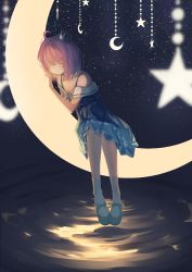 Rule 34 | 1girl, absurdres, blue dress, closed eyes, closed mouth, crescent, crescent moon, crown, dress, full body, highres, himemori luna, himemori luna (sundress), hololive, mini crown, moon, night, off-shoulder dress, off shoulder, on crescent, pink hair, short dress, short hair, short sleeves, sitting on moon, sleeping, smile, solo, tilted headwear, virtual youtuber, yoruillust