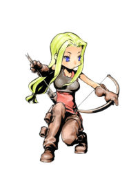 Rule 34 | archer (fate), archer (fft), armor, arrow (projectile), blonde hair, blue eyes, blush, boots, bow, bow (weapon), breasts, chibi, fate (series), final fantasy, final fantasy tactics, full body, gloves, impossible clothes, long hair, muhamado, thigh boots, thighhighs, weapon, white background