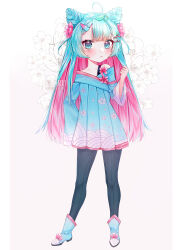 Rule 34 | 1girl, ahoge, artist name, black pants, blue dress, blue eyes, blue footwear, blue hair, blue sleeves, blunt bangs, blush, boots, border, cherry blossom print, closed mouth, collarbone, commentary, commission, cone hair bun, double bun, dress, eloru, english commentary, eyelashes, floral background, floral print, flower, flower brooch, frown, full body, gradient background, hair bun, hair flower, hair ornament, hairclip, hand on own hip, hand up, highres, long hair, long sleeves, looking at viewer, multicolored hair, original, pants, pants under dress, pillarboxed, pink background, pink flower, pink hair, pleated dress, short dress, single bare shoulder, single strap, solo, straight hair, tearing up, two-tone hair, very long hair, watermark, white border, wide sleeves
