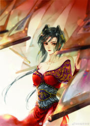 Rule 34 | 1girl, banner, bare shoulders, black hair, che li, chi lian (qin shi ming yue), dress, hair ornament, highres, long hair, looking at viewer, qinshi mingyue, red dress, sash, short sleeves, smile, solo, upper body, white background