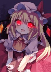 Rule 34 | 1girl, 2015, artist name, ascot, bad id, bad twitter id, blonde hair, bow, dated, fang, flandre scarlet, glowing, glowing eyes, hat, mikazuki sara, open mouth, red eyes, short hair, side ponytail, signature, smile, solo, stuffed animal, stuffed toy, teddy bear, touhou, wings