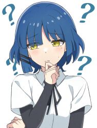 1girl ? absurdres black_ribbon black_shirt blue_hair blunt_bangs blush bocchi_the_rock! collared_shirt commentary dress_shirt frown hair_ornament hairpin hand_on_own_chin hand_up highres layered_sleeves long_sleeves looking_to_the_side medium_hair mimori_(mimori_05) mole mole_under_eye neck_ribbon ribbon school_uniform shimokitazawa_high_school_uniform shirt short_over_long_sleeves short_sleeves sidelocks simple_background solo sweat upper_body white_background white_shirt yamada_ryo yellow_eyes