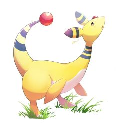 Rule 34 | ampharos, brown eyes, commentary request, creatures (company), full body, game freak, gen 2 pokemon, grass, highres, kisa (kisa-kisa5900), leaning forward, looking up, nintendo, no humans, open mouth, pokemon, pokemon (creature), signature, smile, solo, tongue